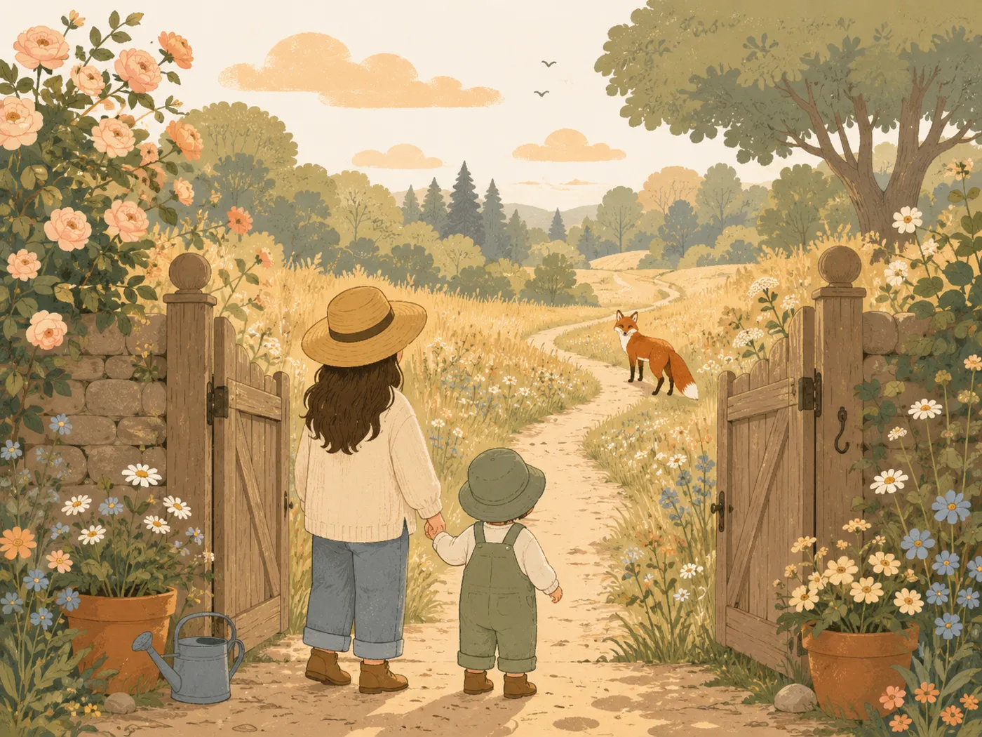 Illustration of a parent and toddler setting off through a garden gate towards the woods, a friendly fox waiting on the path ahead