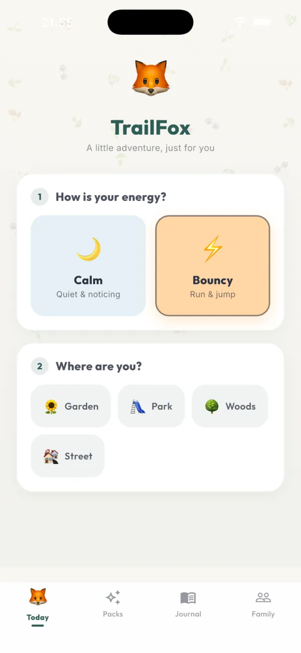 TrailFox app screen asking how much energy your child has and where you are