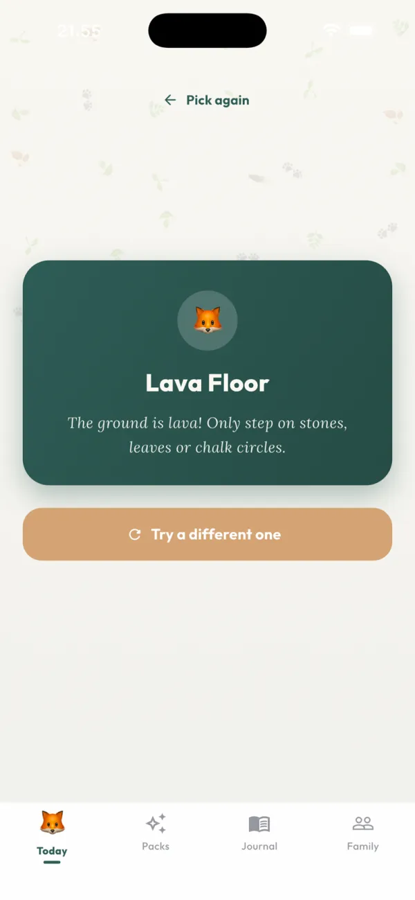 TrailFox activity card suggesting Lava Floor: the ground is lava, only step on stones, leaves or chalk circles