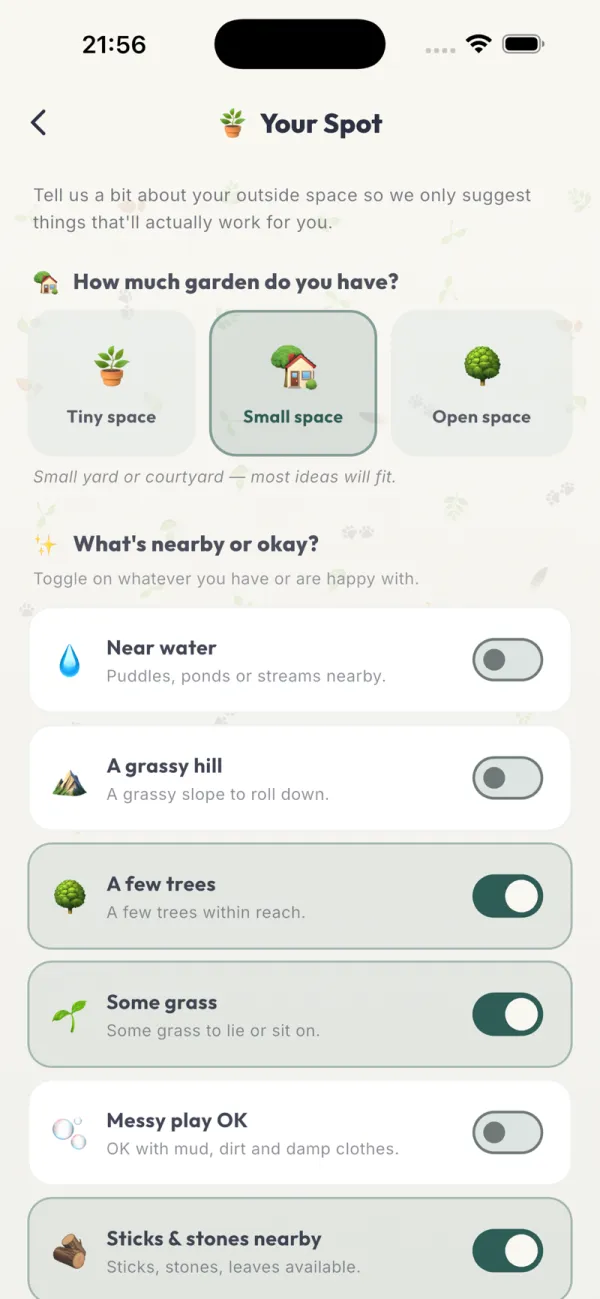 TrailFox Your Spot screen where you describe your outside space so suggestions always fit