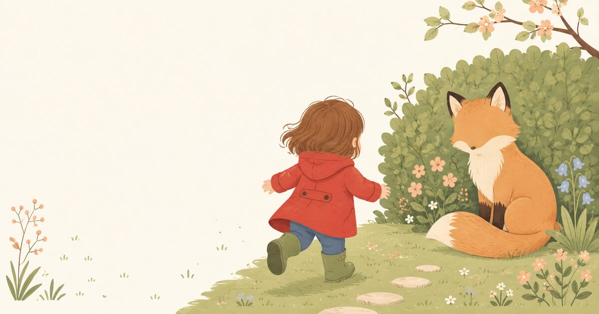 A toddler in a red coat walking up a grassy hill towards a friendly fox sitting by a flowering bush