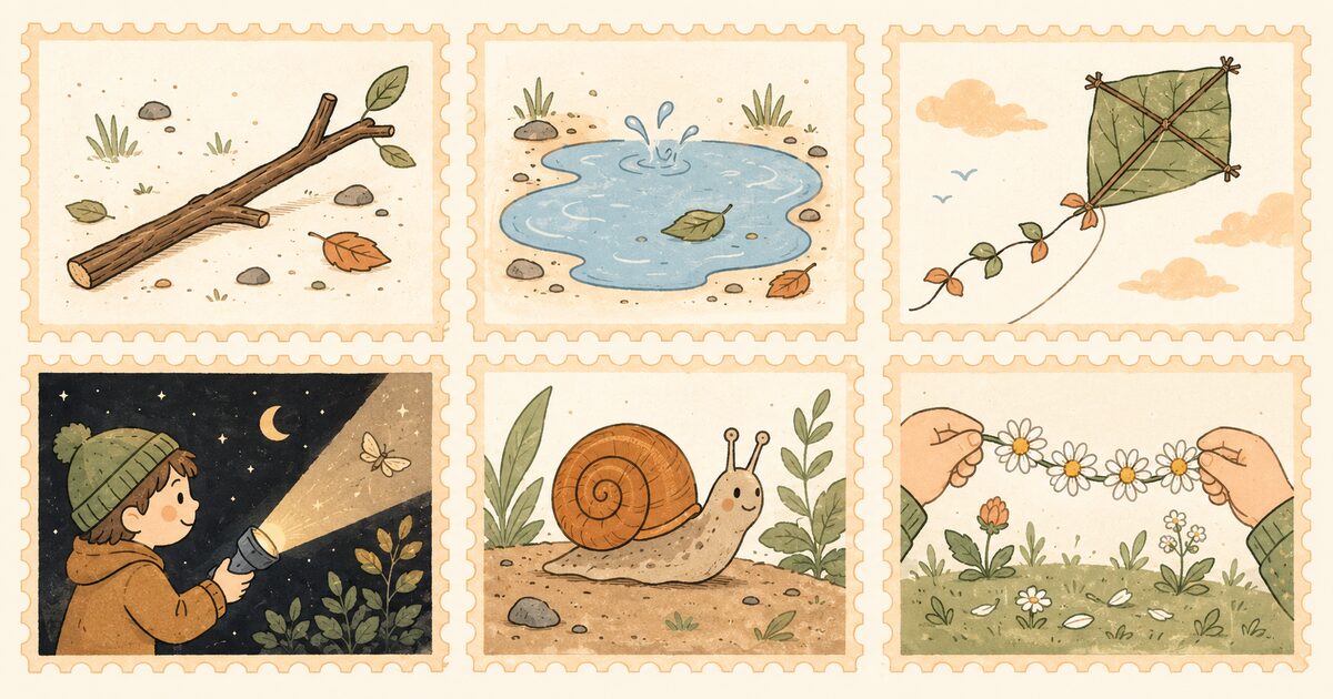 Six stamp-style drawings of little adventures — a stick, a puddle, a leaf kite, a night walk by torchlight, a snail and a daisy chain