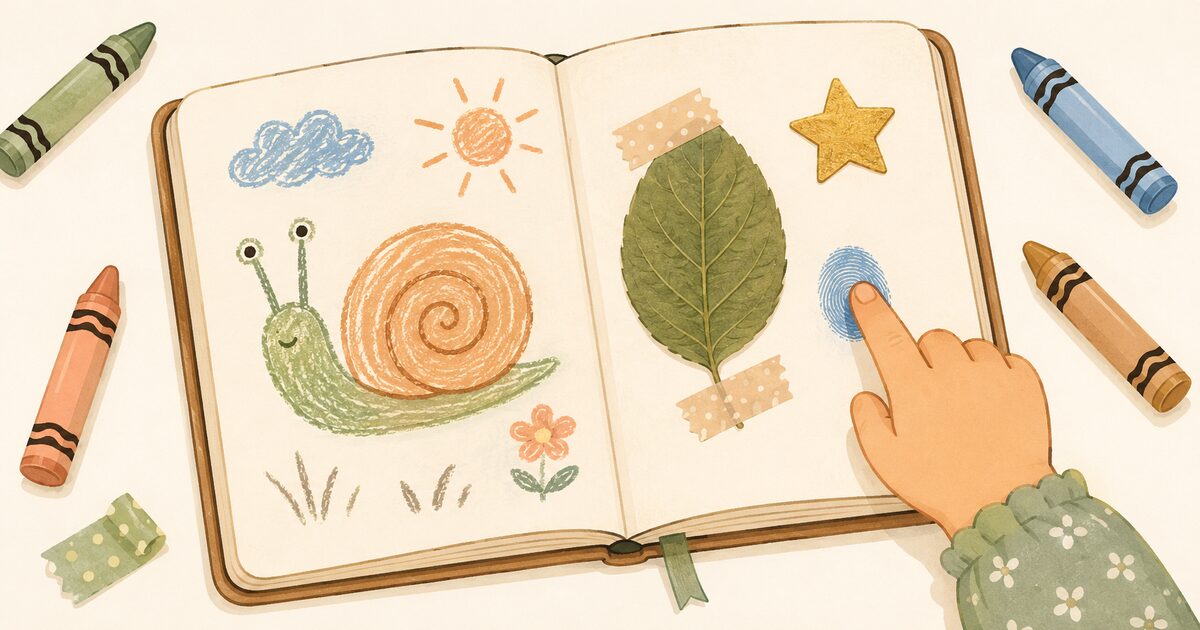 An open nature journal with a child's crayon drawing of a snail, a taped-in leaf, a gold star sticker and a muddy fingerprint